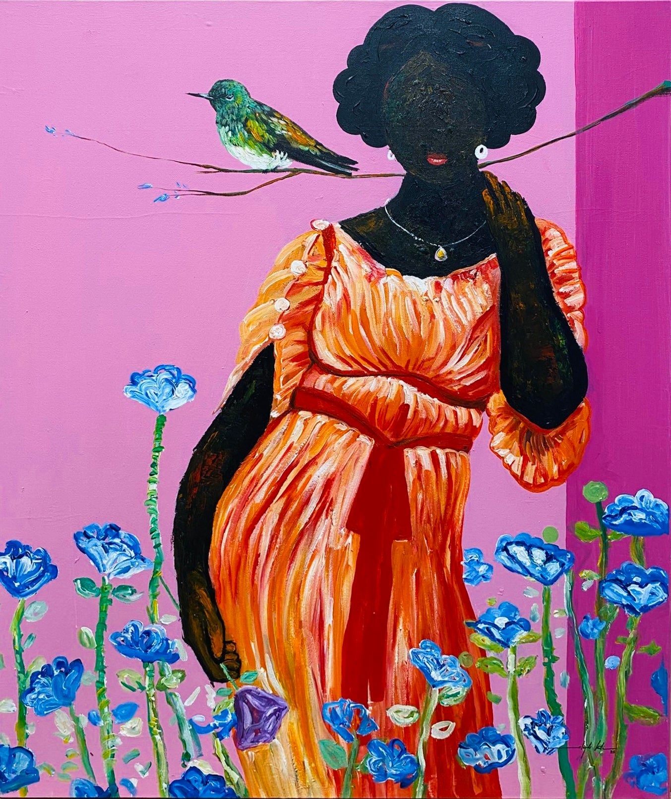 Olajide Kuti – Woman with Bird, Acrylic on Canvas - Bibianna African Art Collective