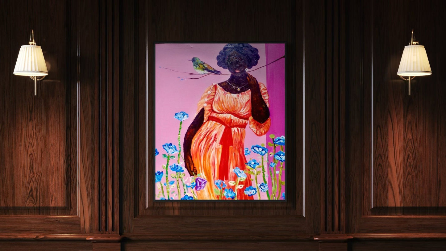 Olajide Kuti – Woman with Bird, Acrylic on Canvas - Bibianna African Art Collective