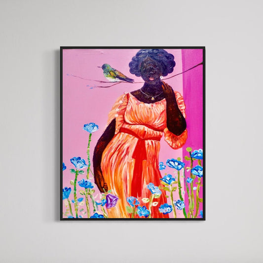 Olajide Kuti – Woman with Bird, Acrylic on Canvas - Bibianna African Art Collective