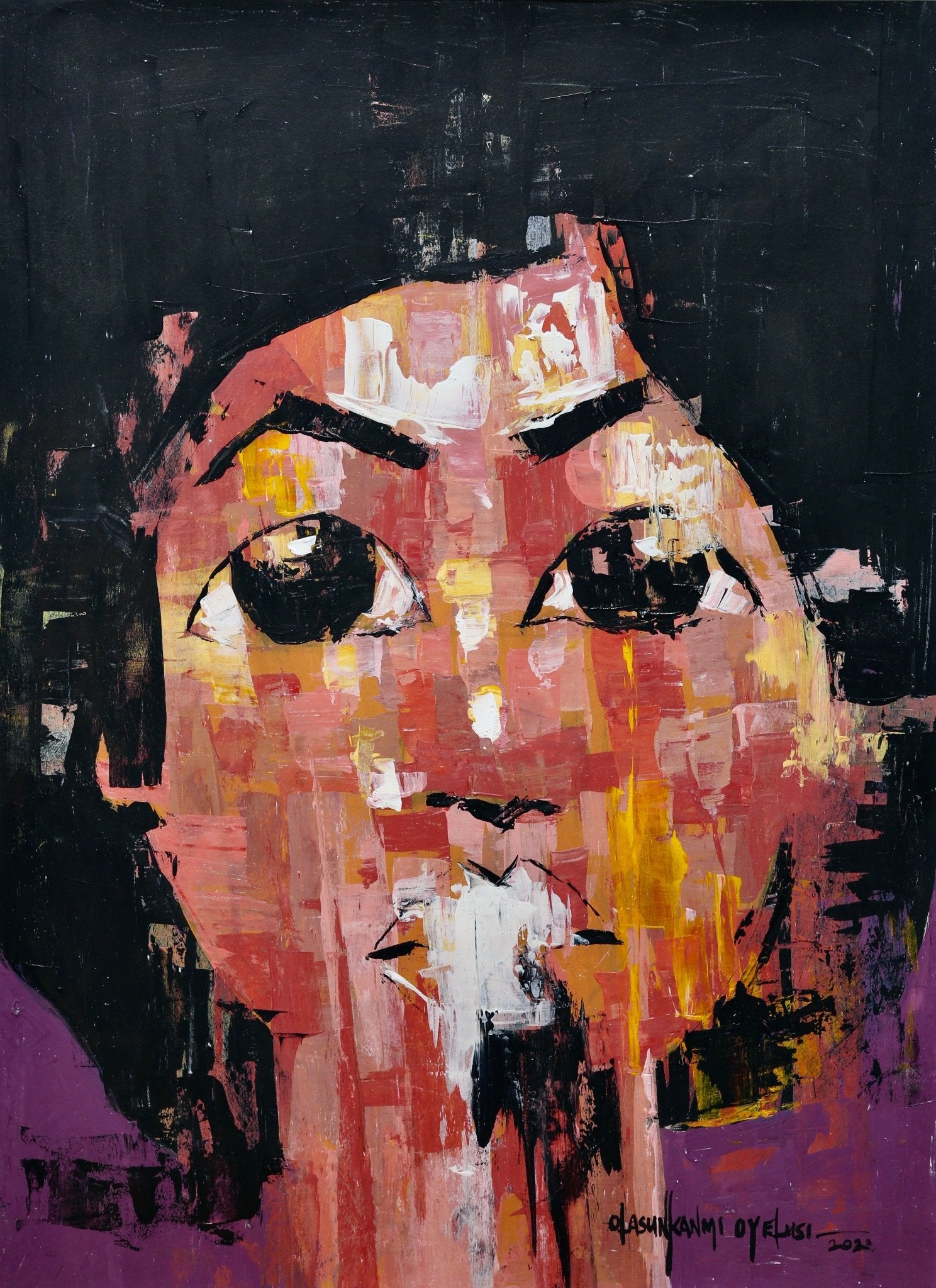 Original acrylic from the One of a Kind Series by Olasunkanmi Oyelusi: an abstract face with large dark eyes and bold pink, orange, black, and purple brushstrokes. Created in 2022, ready to be framed.