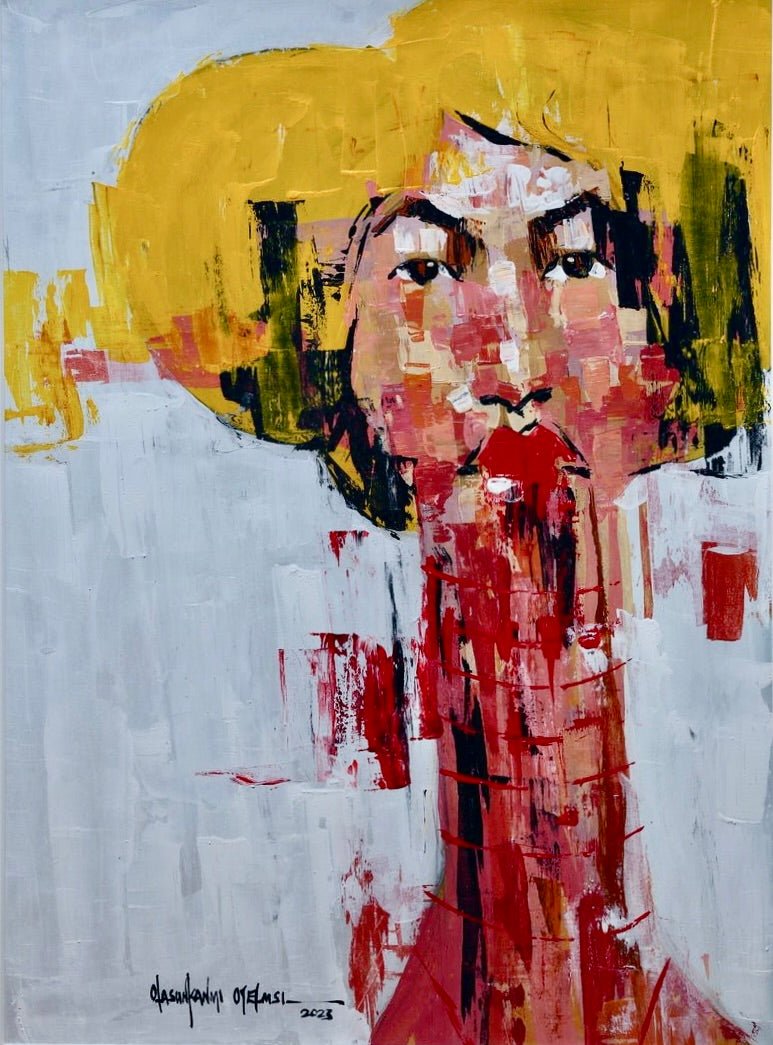 From the One of a Kind Series by Olasunkanmi Oyelusi, this abstract acrylic painting features a figure with yellow hair, red and pink hues on an elongated neck and face, set against a grayish-white background—ready to be framed.