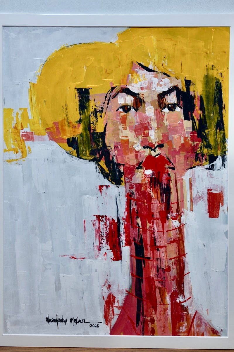 One of a Kind Series by Oyelusi: An original abstract acrylic painting by Olasunkanmi Oyelusi, featuring a person in a bold yellow hat and red lips on a gray background, ready to be framed.