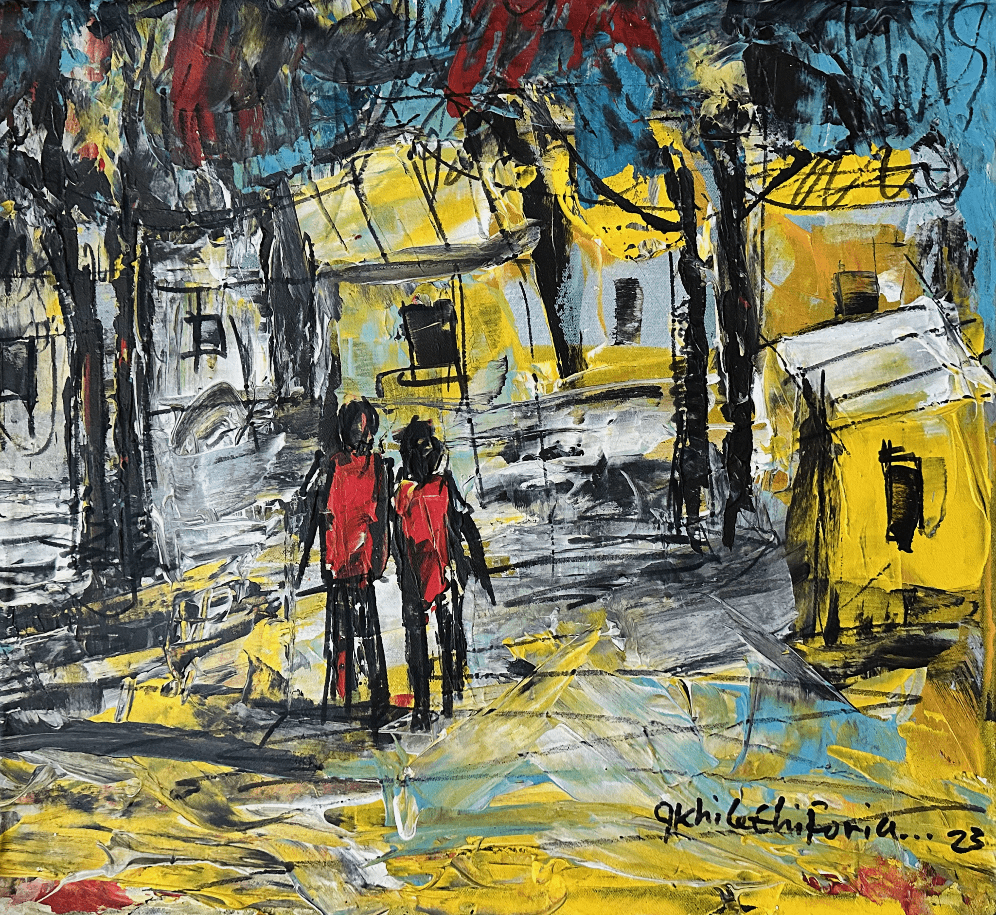 Original Painting of two figures in red walking through the village. Awhile Ehiforia - Bibianna African Art Collective