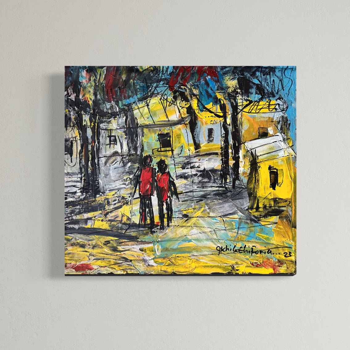 Original Painting of two figures in red walking through the village. Awhile Ehiforia - Bibianna African Art Collective