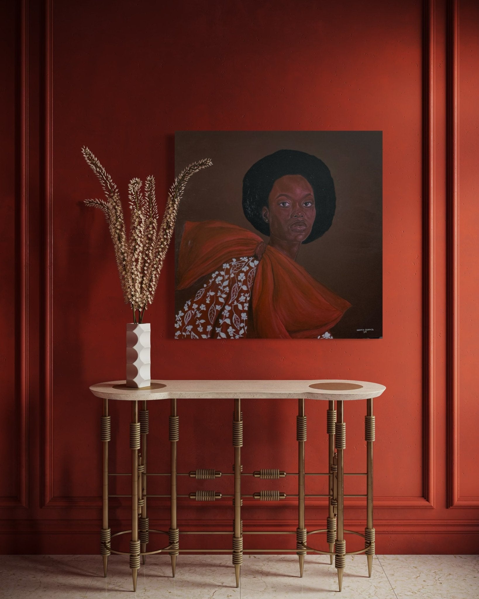 A modern console table with a vase of dried grass stands against a red wall, topped by "Portrait by Hammed Omobayo"—a hand-signed painting from Hammed Olayanju Omobayo, depicting a woman in patterns and bow, with certificate of authenticity.