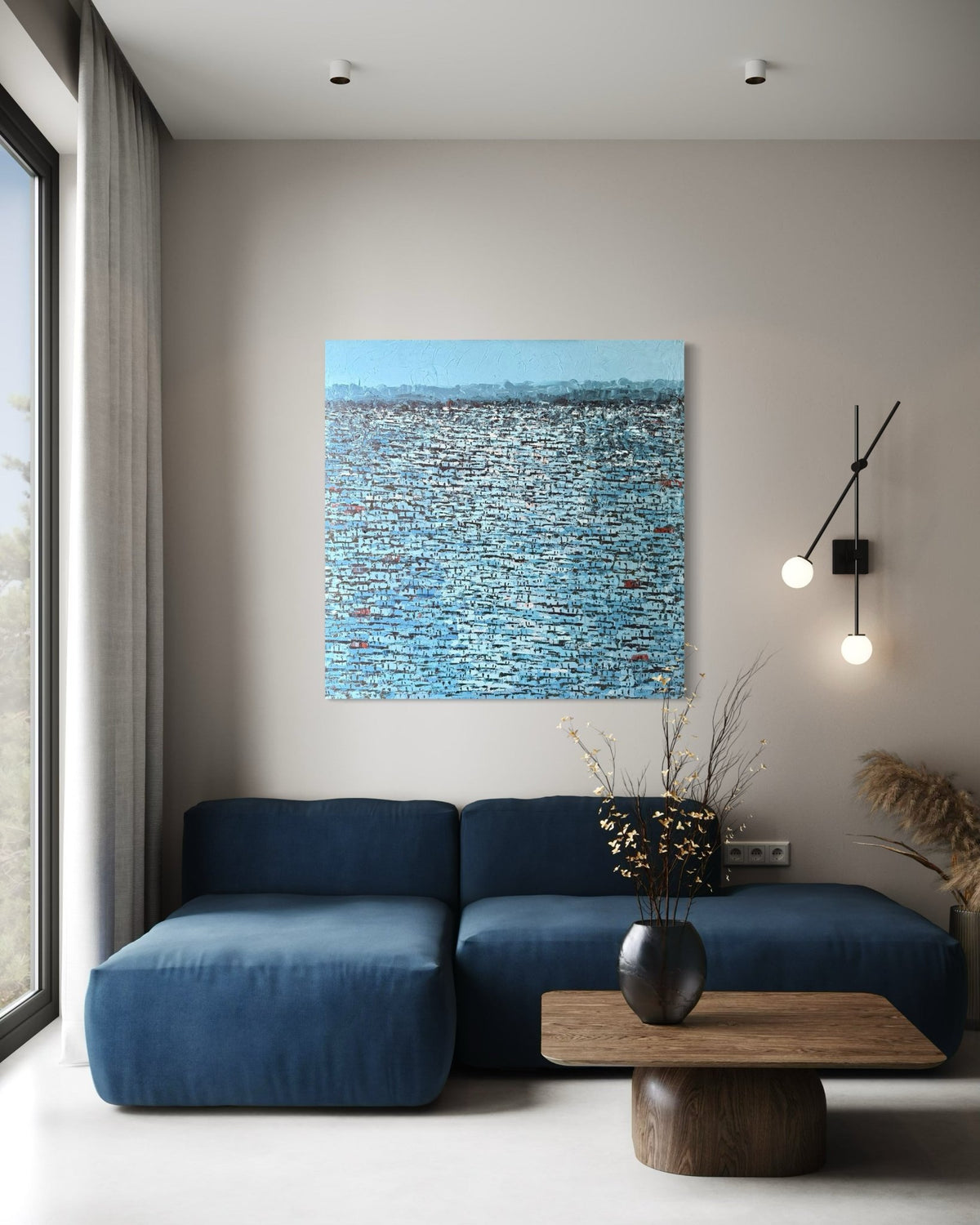"Rooftops Series" in Blue/White by Akhile Ehiforia - Bibianna African Art Collective