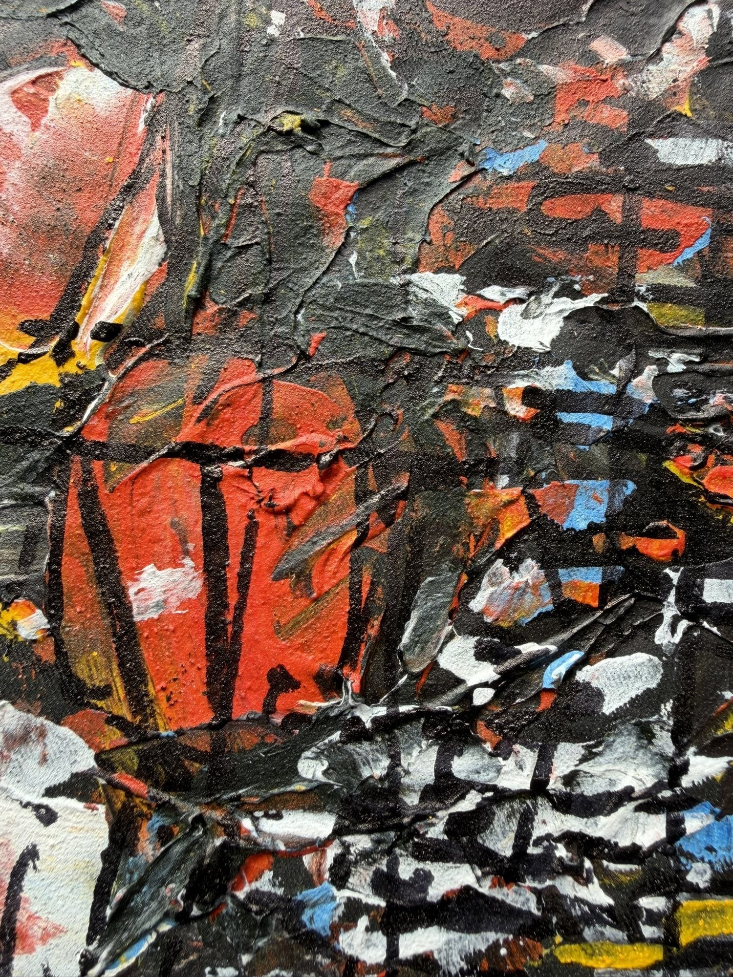 "Rooftops Series" in Red & Charcoal by Akhile Ehiforia, surface detail - Bibianna African Art Collective