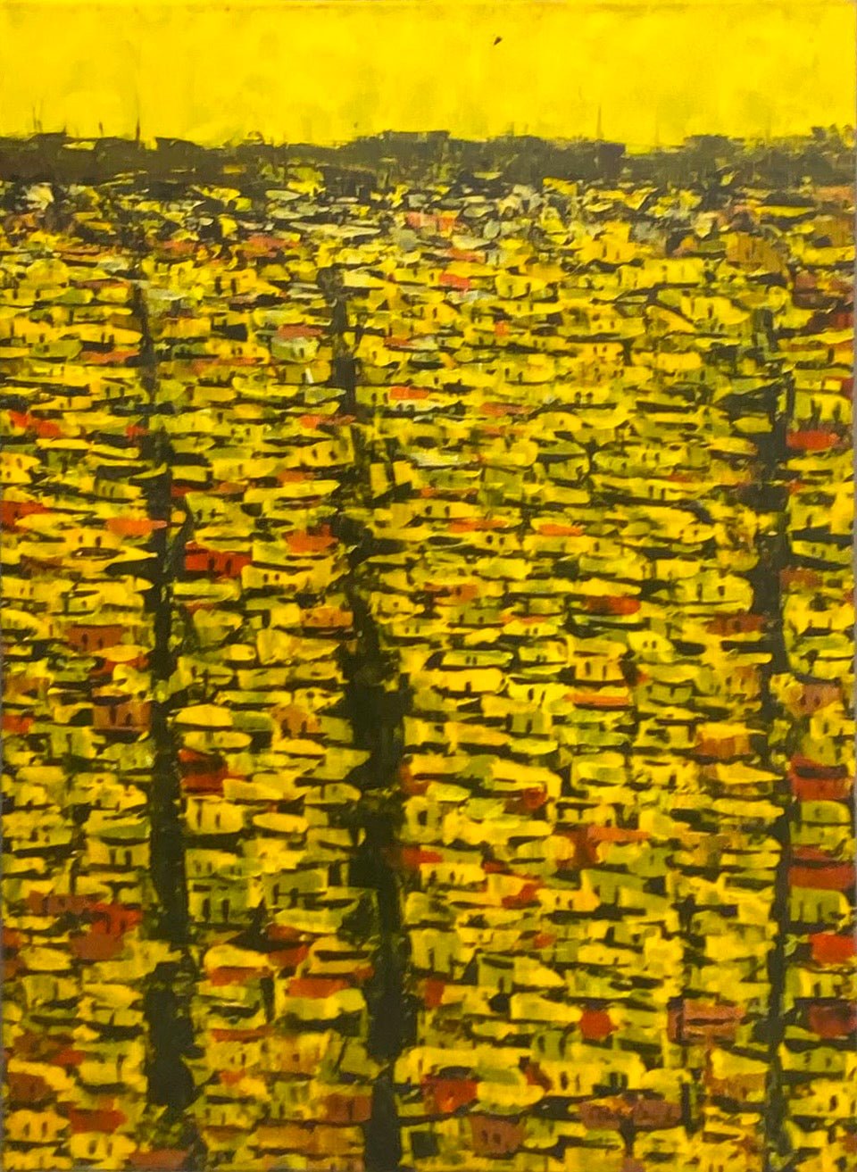 An abstract painting depicting a dense field of yellow, green, and red brushstrokes with dark vertical streaks, under a solid yellow sky.