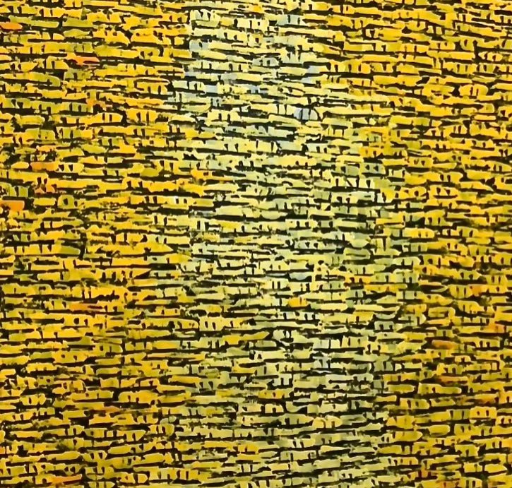 view of rooftops in urban landscape painting in yellow and black