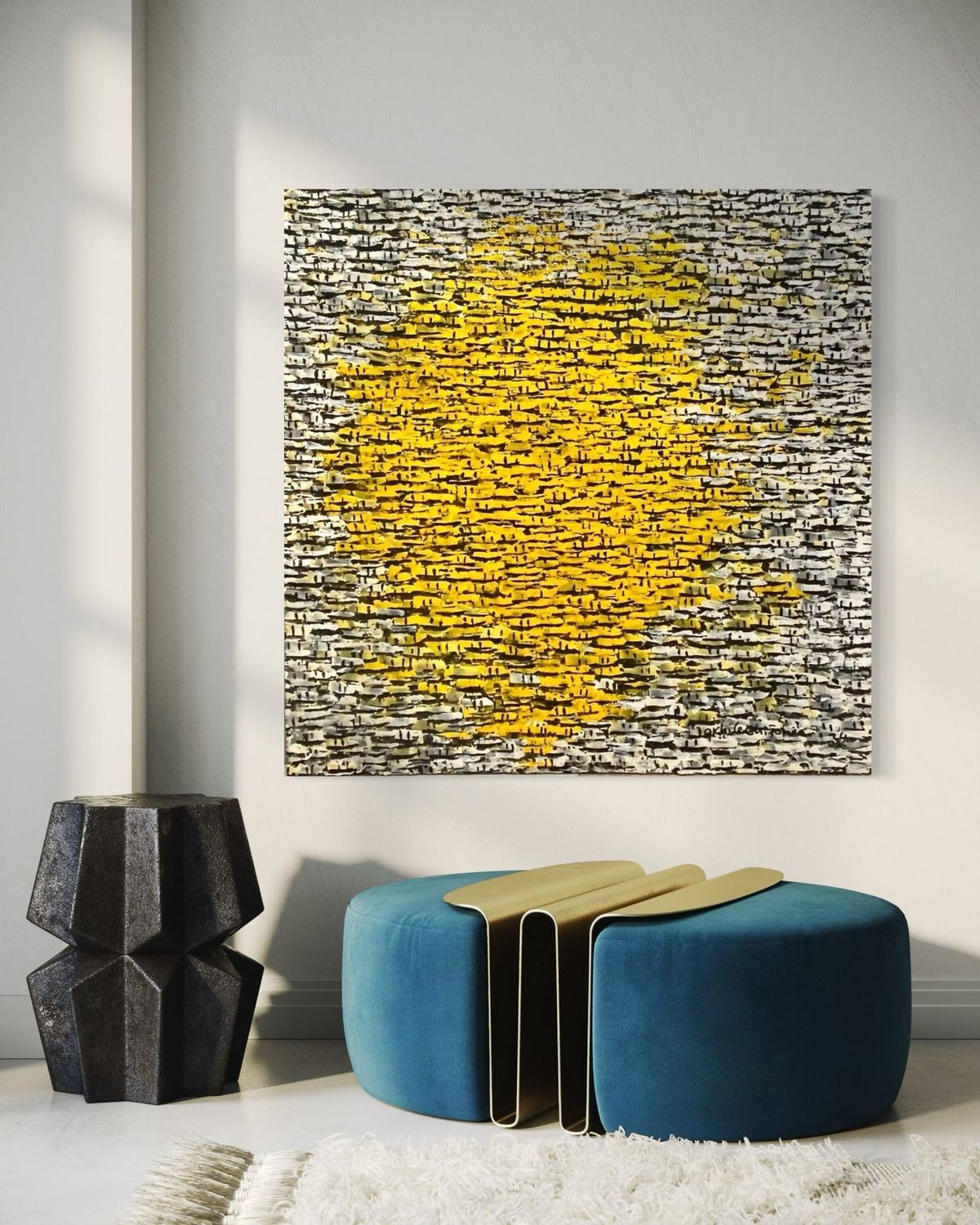 "Rooftops Series" in Yellow on Grey/White by Akhile Ehiforia - Bibianna African Art Collective