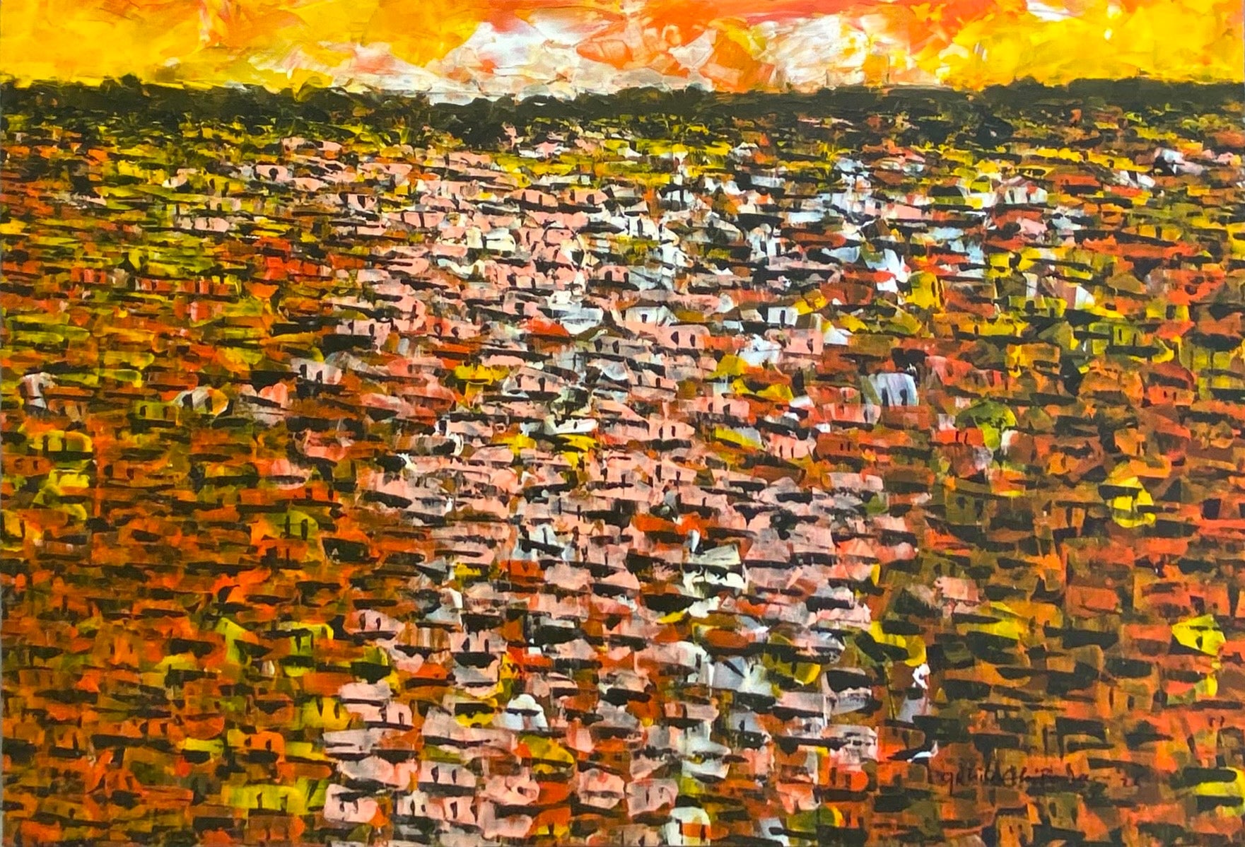 An impressionistic landscape painting depicting a dense hillside village or city rooftops scene with textured brushstrokes in orange, yellow, brown, green, and white, under a bright yellow sky.