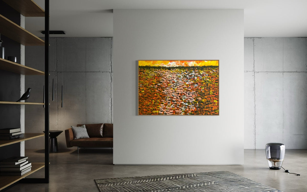 "Rooftops Series" in Yellow/Orange by Akhile Ehiforia - Bibianna African Art Collective