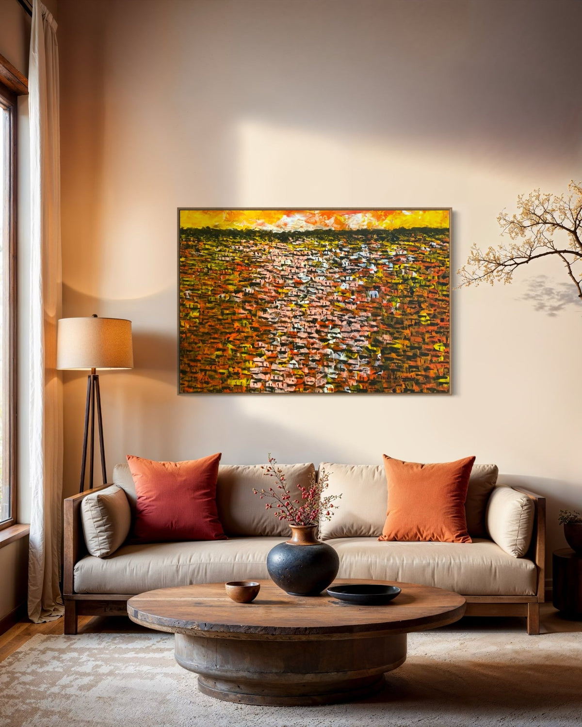 "Rooftops Series" in Yellow/Orange by Akhile Ehiforia - Bibianna African Art Collective