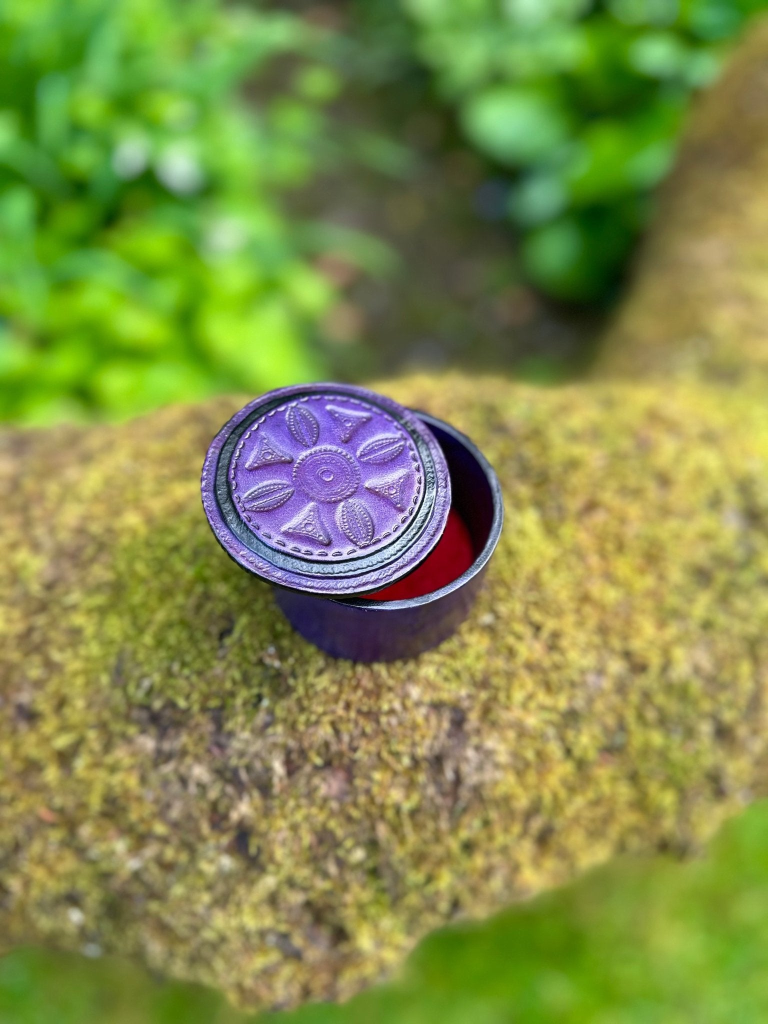 Round African Tuareg Hand - Tooled Purple Leather Trinket/Jewellery Box - Bibianna African Art Collective