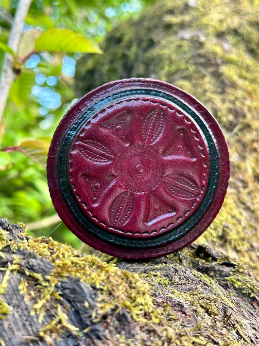 Round African Tuareg Hand - Tooled Red Leather Trinket/Jewellery Box - Bibianna African Art Collective