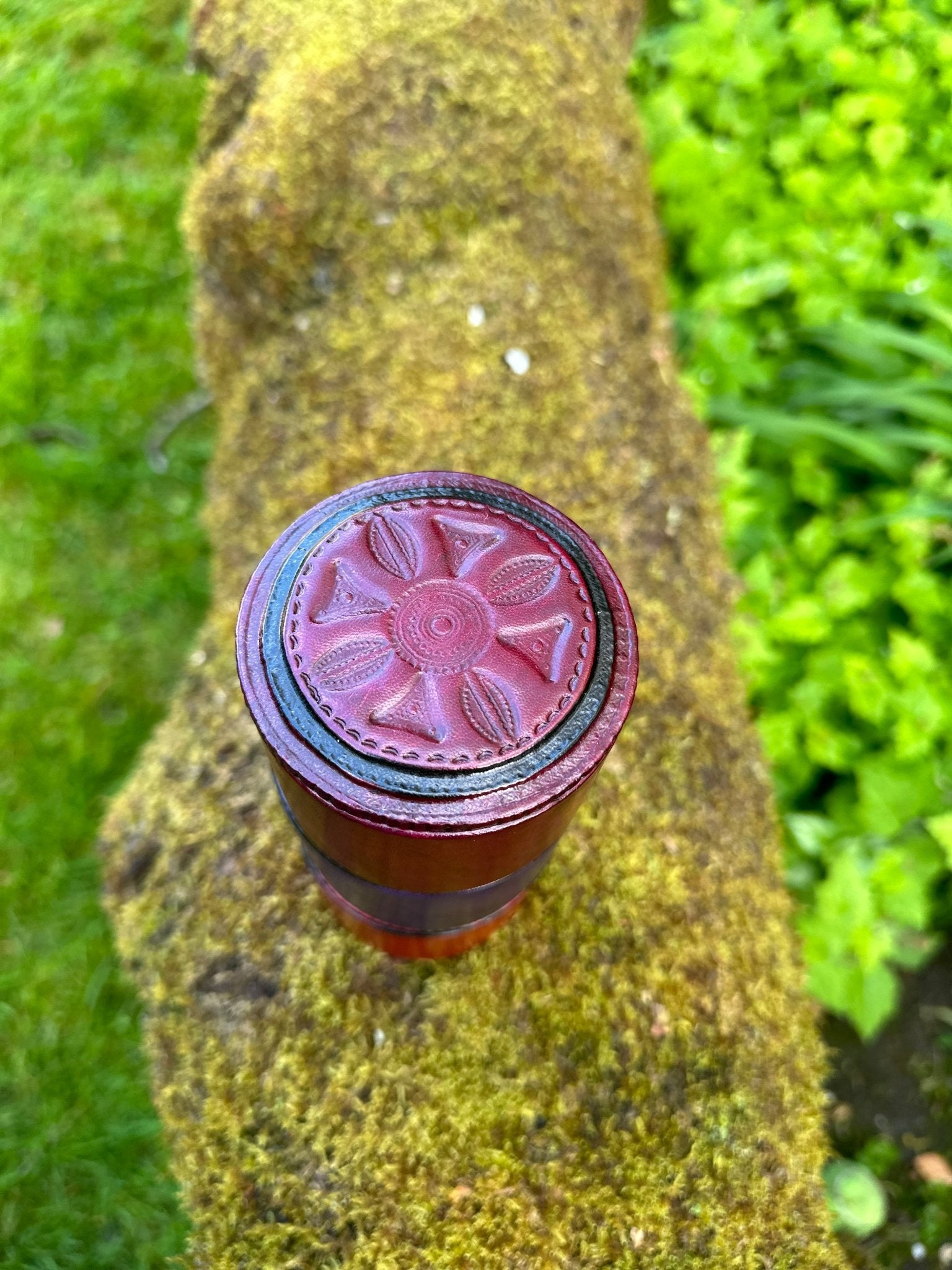 Round African Tuareg Hand - Tooled Red Leather Trinket/Jewellery Box - Bibianna African Art Collective