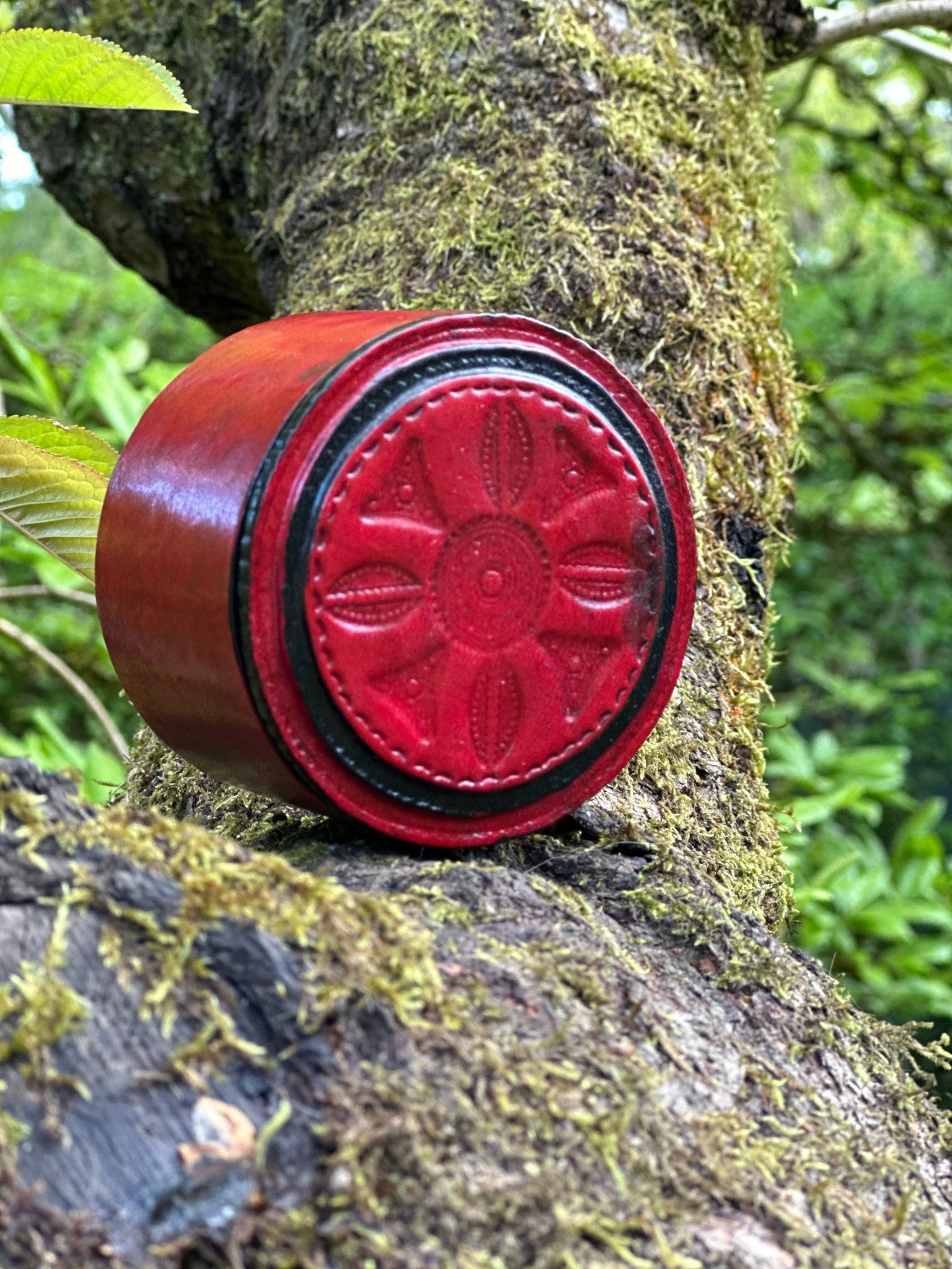 Round African Tuareg Hand - Tooled Red Leather Trinket/Jewellery Box - Bibianna African Art Collective