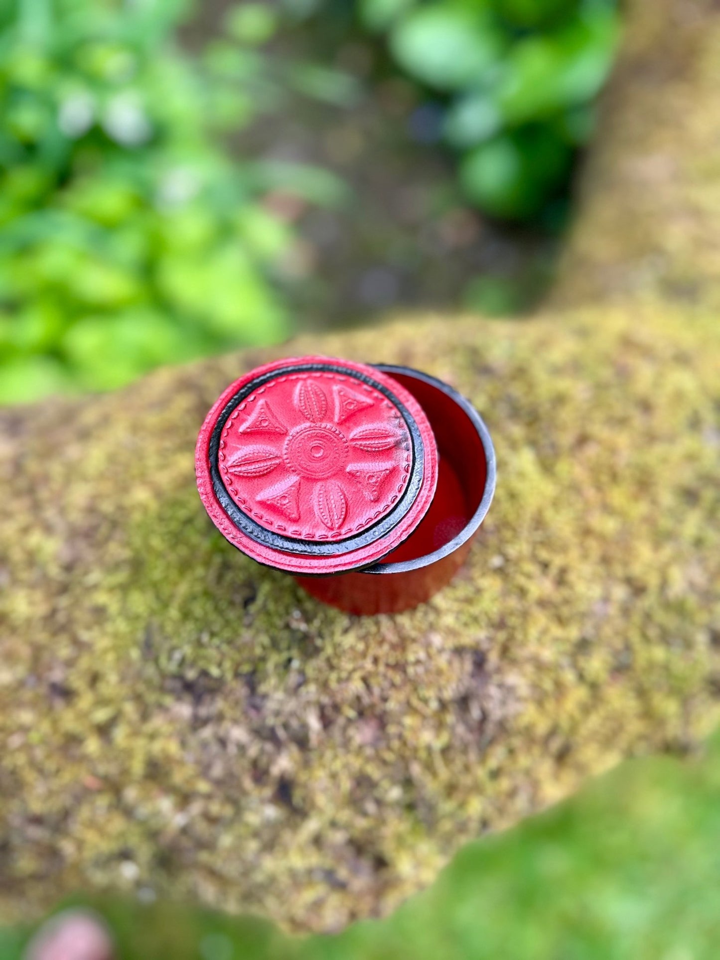 Round African Tuareg Hand - Tooled Red Leather Trinket/Jewellery Box - Bibianna African Art Collective