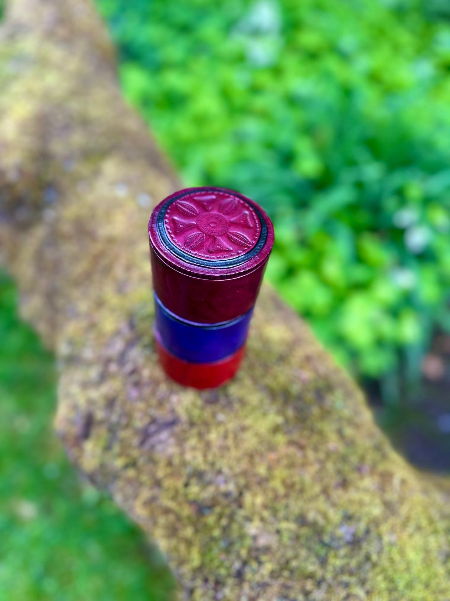 Round African Tuareg Hand - Tooled Red Leather Trinket/Jewellery Box - Bibianna African Art Collective