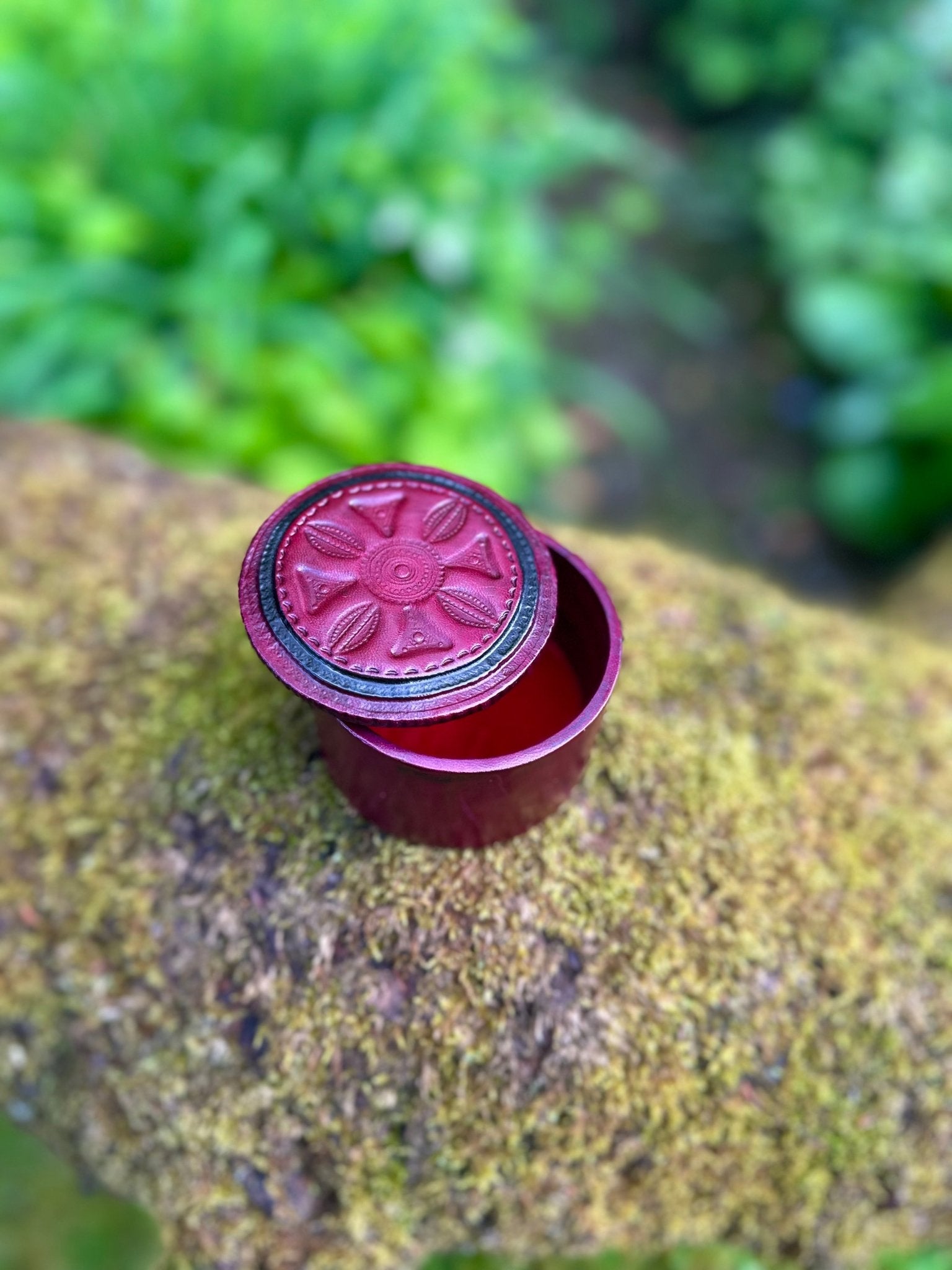 Round African Tuareg Hand - Tooled Red Leather Trinket/Jewellery Box - Bibianna African Art Collective