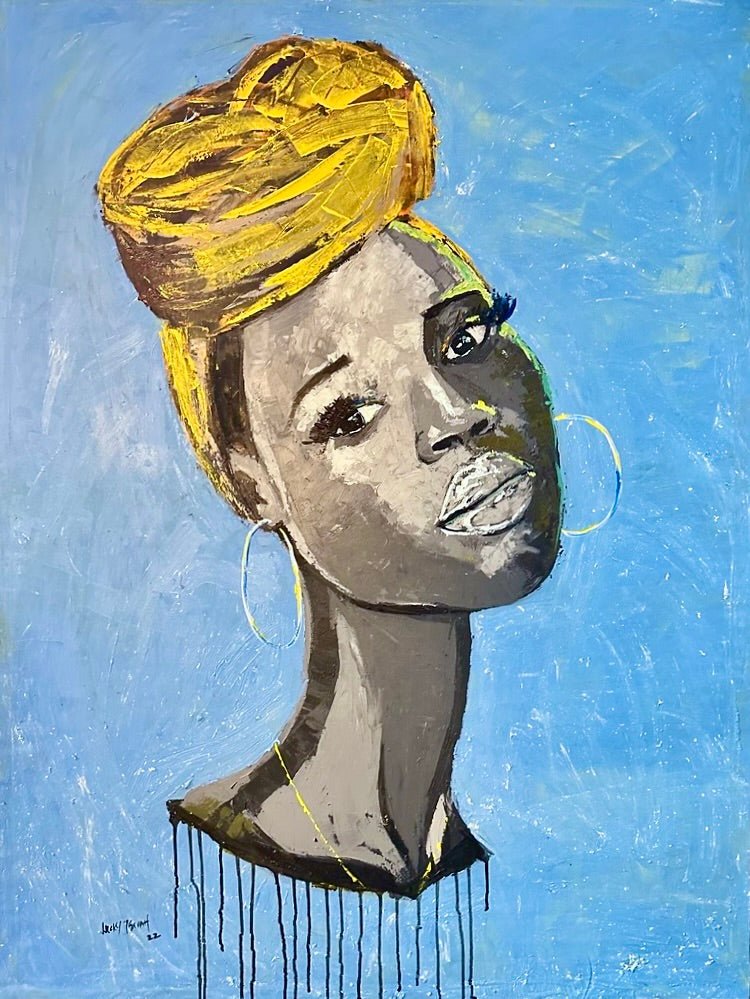 Saffron Gaze" Portrait by Lucky Isaiah features a woman with dark skin, large hoop earrings, and a yellow headwrap, gazing upward with a neutral expression against a bright blue background.