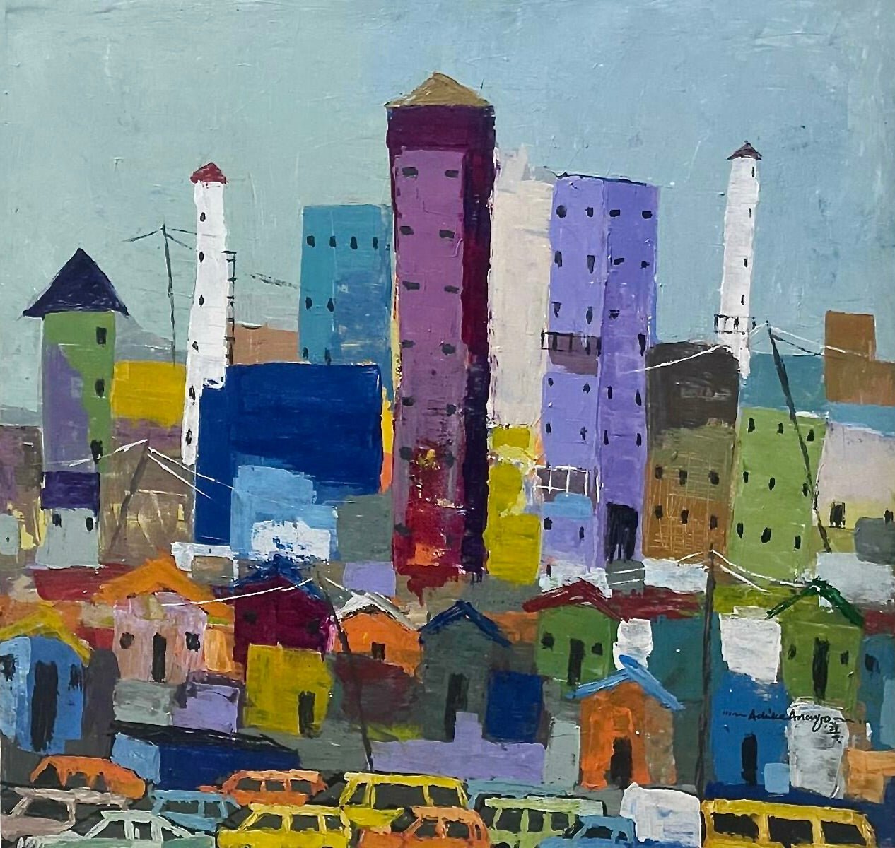 “Somewhere In Lagos City” by Achike Anayo depicts a colorful abstract cityscape with tall vibrant buildings and yellow cars beneath a light blue sky. This original, hand-signed painting includes a certificate of authenticity.