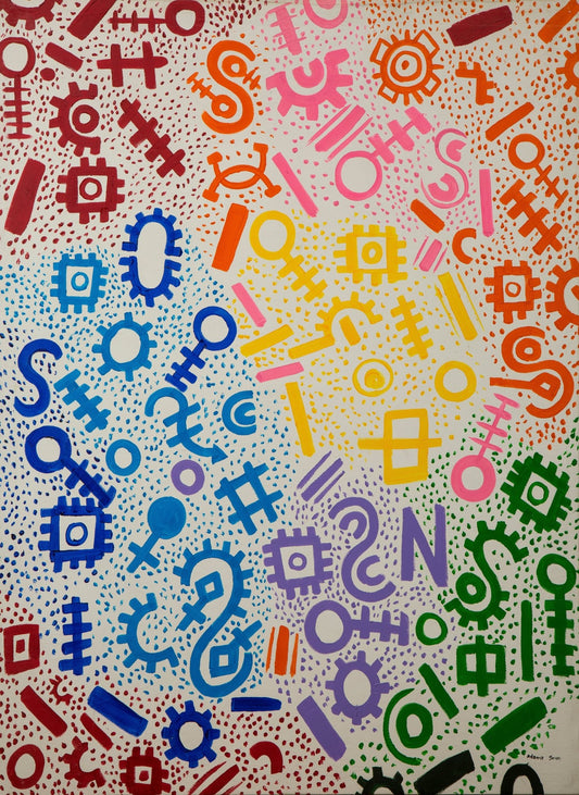 “Symbols” Colourful abstract painting by Adeoye - Bibianna African Art Collective