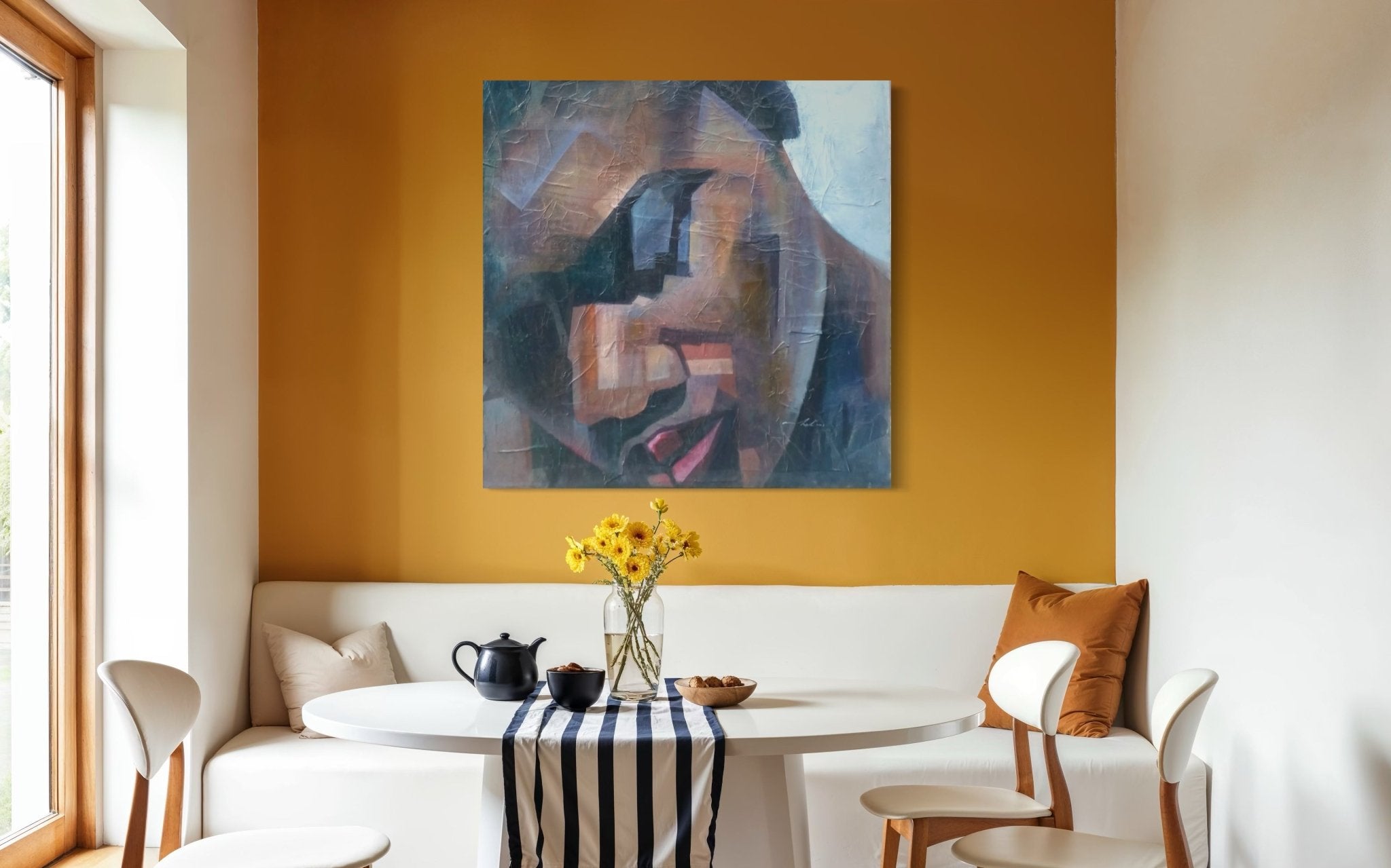A modern dining nook features a round white table, white chairs, a cushioned bench, and yellow flowers. "Peace" Textured Painting by Christopher Ankeli adds character to the mustard yellow wall as sunlight pours in.