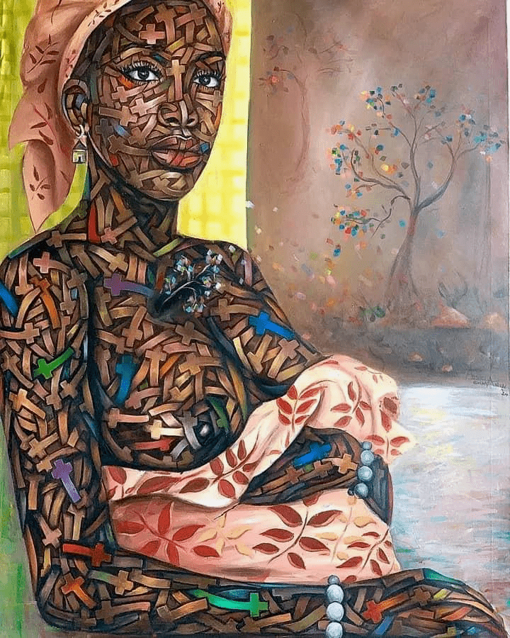 ‘The Golden Time Of Love’ by Agboola Emmanuel I is an acrylic on canvas expressionist painting of a woman in colorful crosses and patterned cloth holding a baby, with multicolored leaves behind them.