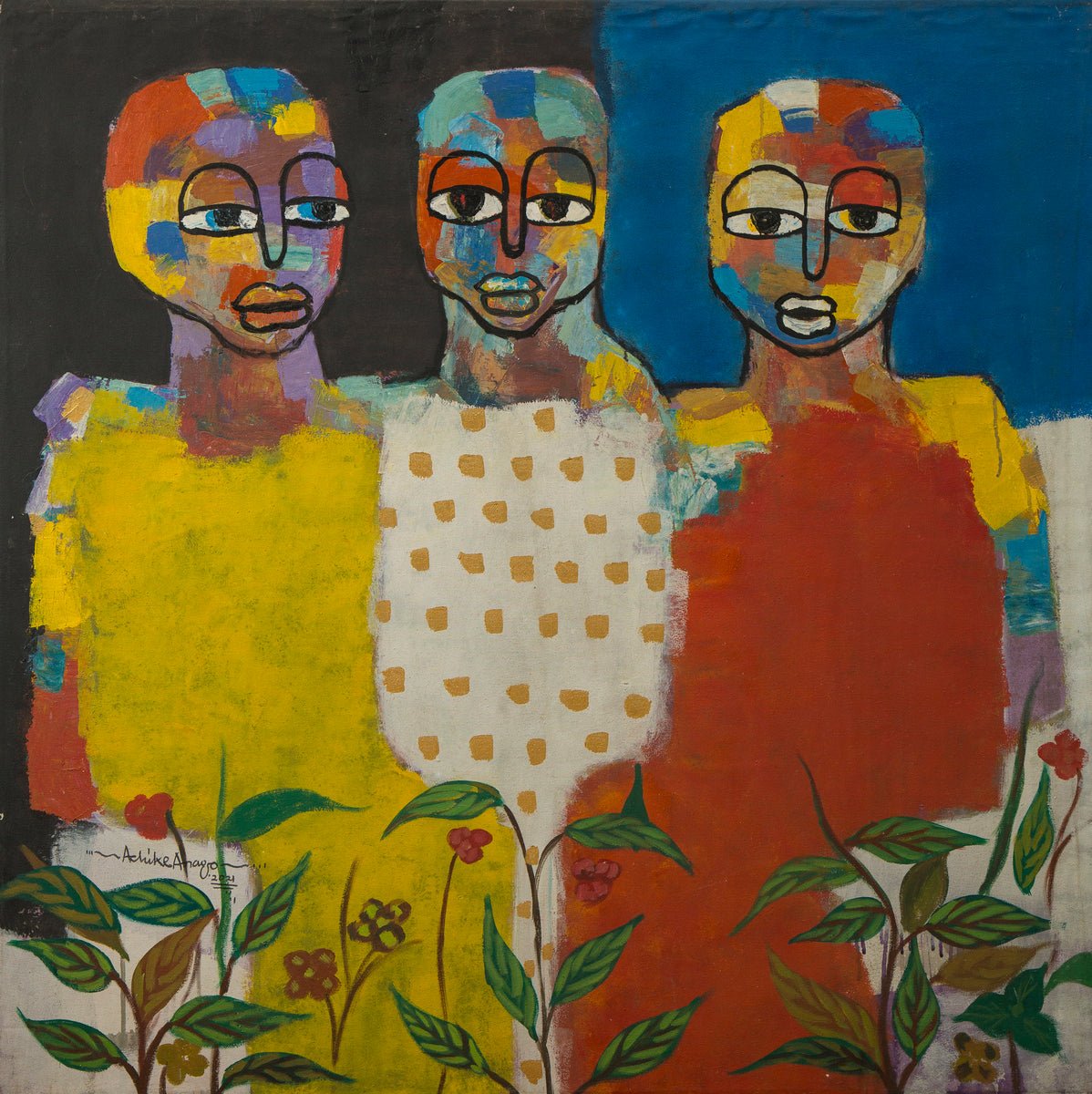 Three Wise Men" by Achike Anayo features three abstract, colorful figures standing together against a split black, blue, and brown backdrop. Bright patterned clothes pop amid green plants with red flowers.