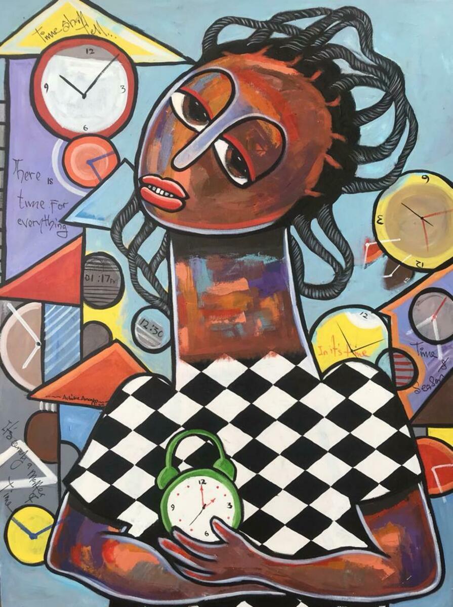 Anayo's original painting, 'Time and Beyond,' featuring a bold abstract figure with vibrant clocks and symbolic expressions of time