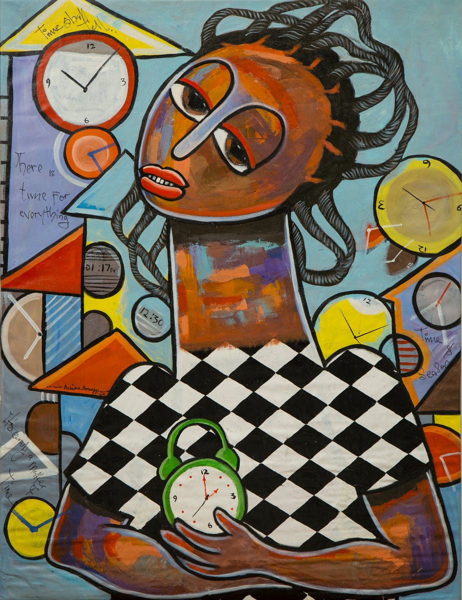 Anayo's original painting, 'Time and Beyond,' featuring a bold abstract figure with vibrant clocks and symbolic expressions of time