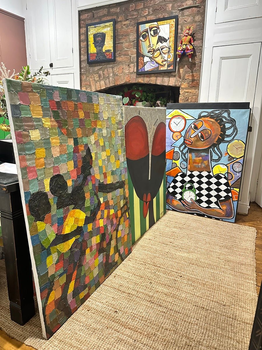 Anayo's original painting, 'Time and Beyond,' featuring a bold abstract figure with vibrant clocks and symbolic expressions of time