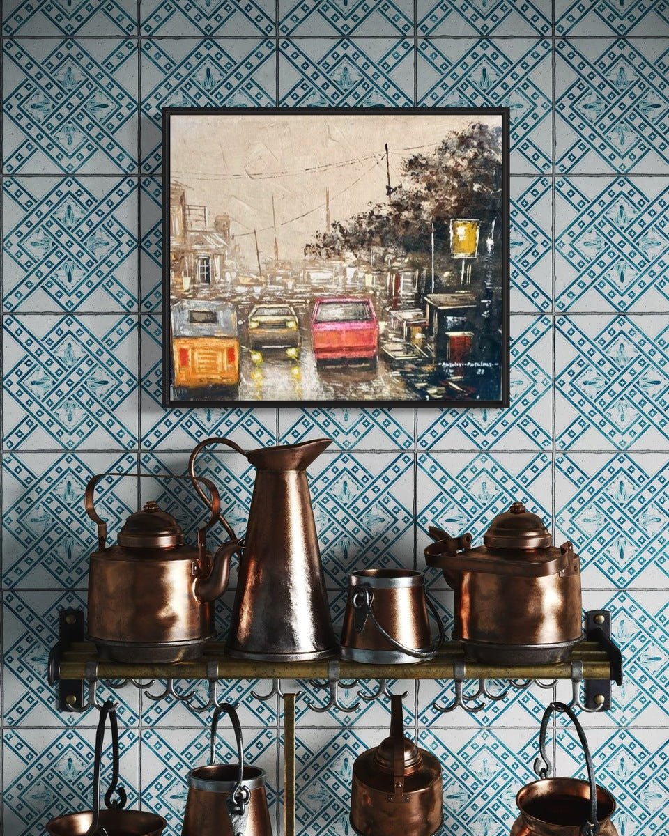 Urban Street Scene Painting With Vintage Cars, "These City Streets" by artist Adeniyi" - Bibianna African Art Collective
