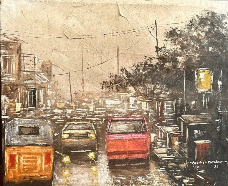 Urban Street Scene Painting With Vintage Cars, "These City Streets" by artist Adeniyi" - Bibianna African Art Collective