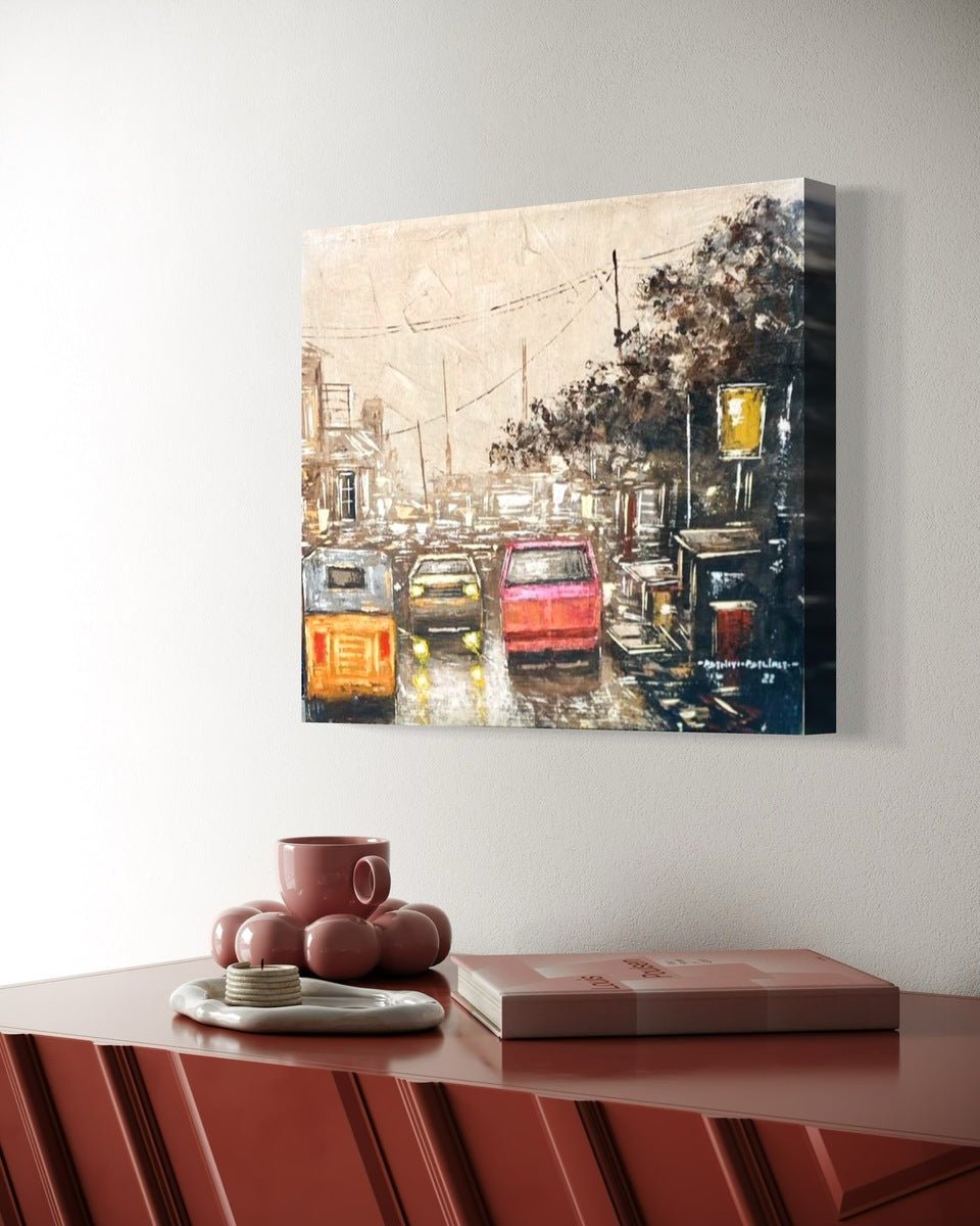 Urban Street Scene Painting With Vintage Cars, "These City Streets" by artist Adeniyi" - Bibianna African Art Collective