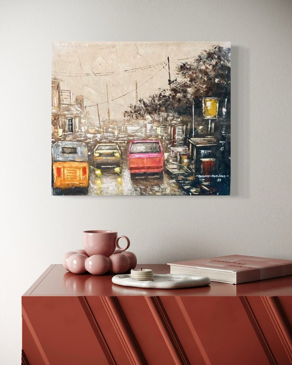 Urban Street Scene Painting With Vintage Cars, "These City Streets" by artist Adeniyi" - Bibianna African Art Collective