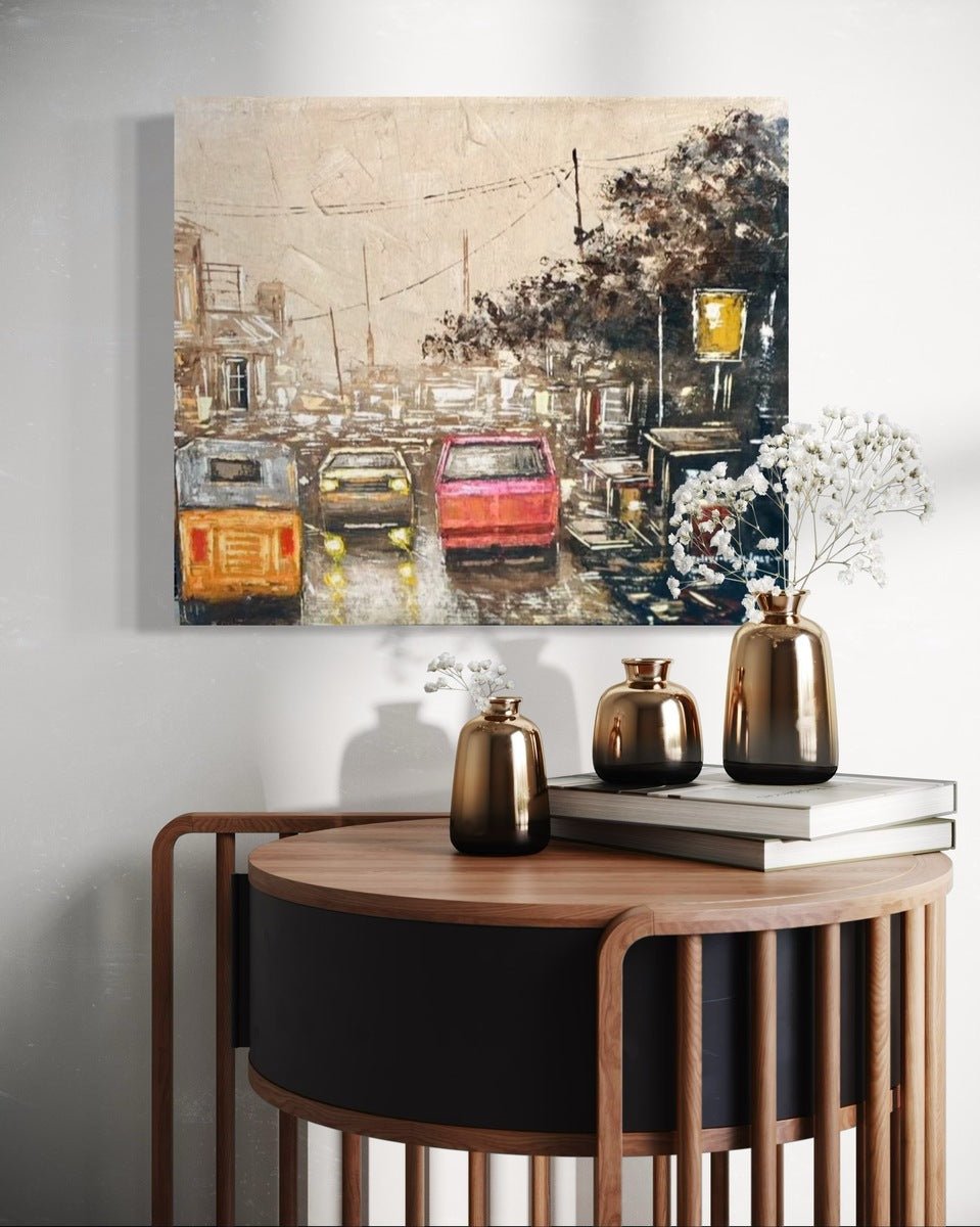 Urban Street Scene Painting With Vintage Cars, "These City Streets" by artist Adeniyi" - Bibianna African Art Collective