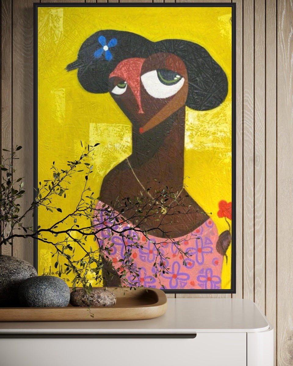 Vibrant African Cubist Portrait with Floral Patterns - Bibianna African Art Collective