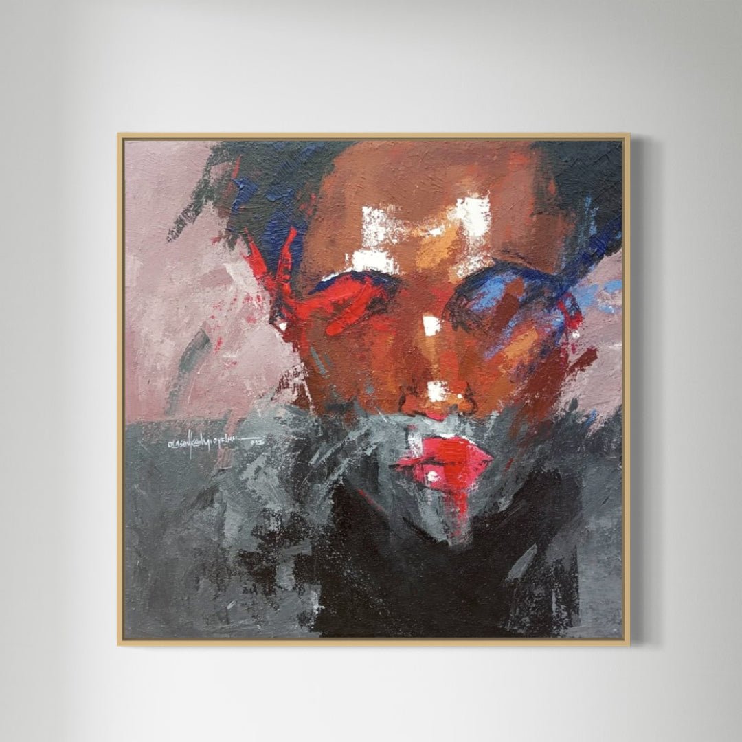 Where I Am" by Olasunkanmi Oyelusi is a 93 x 93cm framed abstract acrylic painting on canvas, depicting a figure with deep brown skin, striking red and blue eye accents, and bold red lips against a textured backdrop.